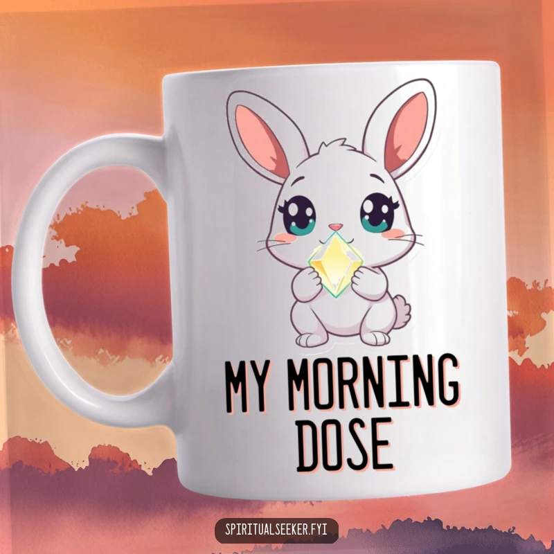 Funny rabbit mug featuring a curious character with wide, amazed eyes holding a glowing crystal, capturing a moment of wonder.