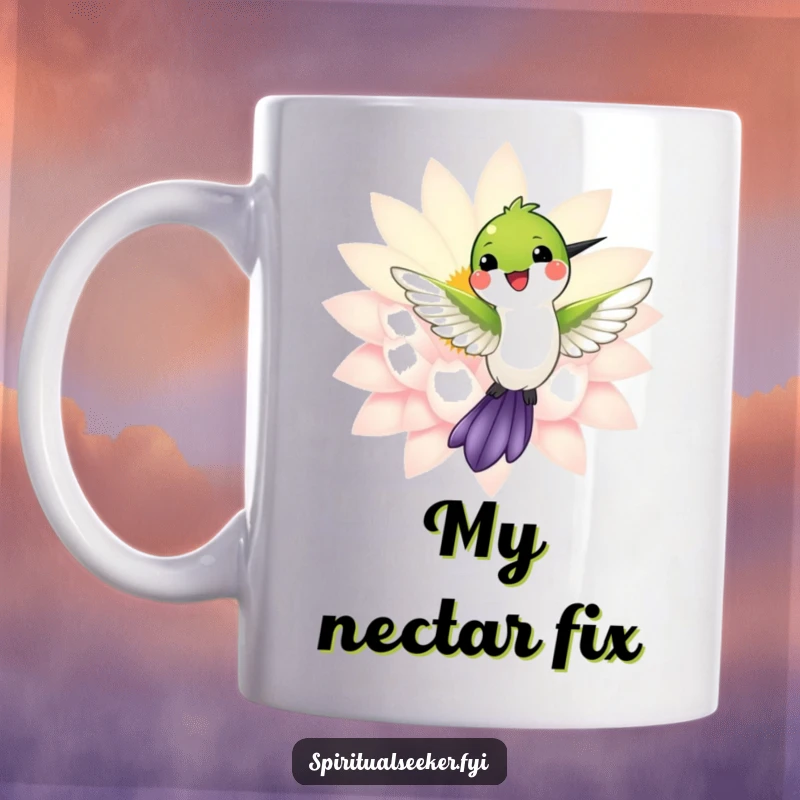Funny mug depicting a smiling hummingbird hovering gracefully near a brightly radiant lotus flower, symbolizing joy.