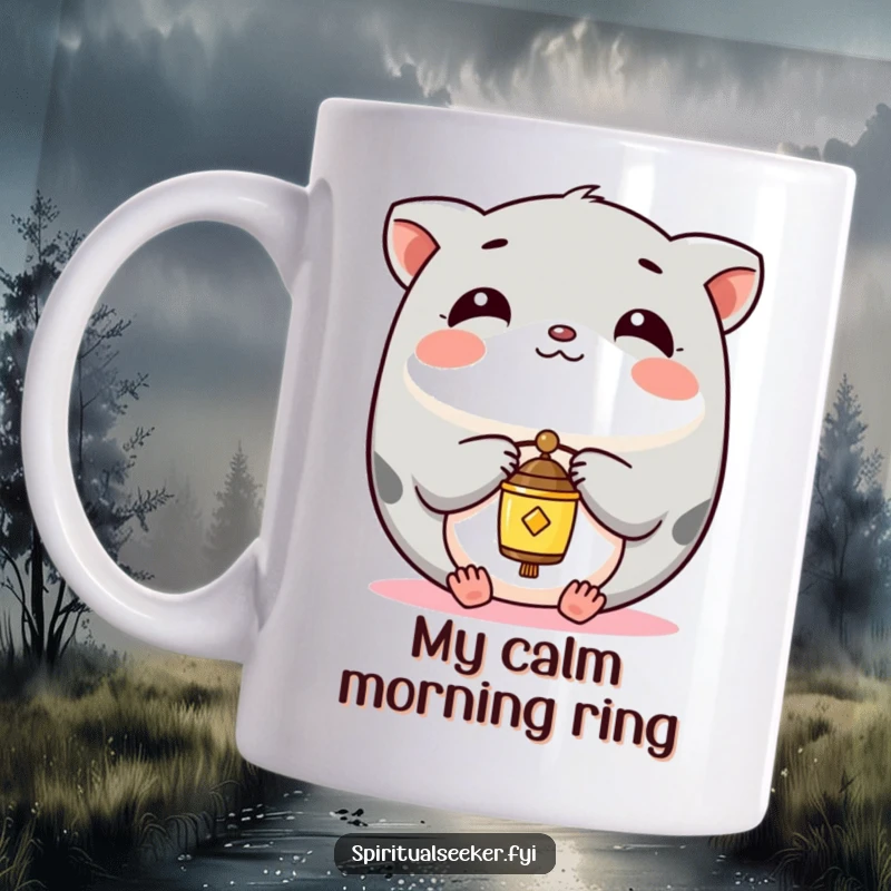 Funny Mug featuring a serene Kawaii animal gracefully balancing a small, delicate chime, exuding tranquility and calm.