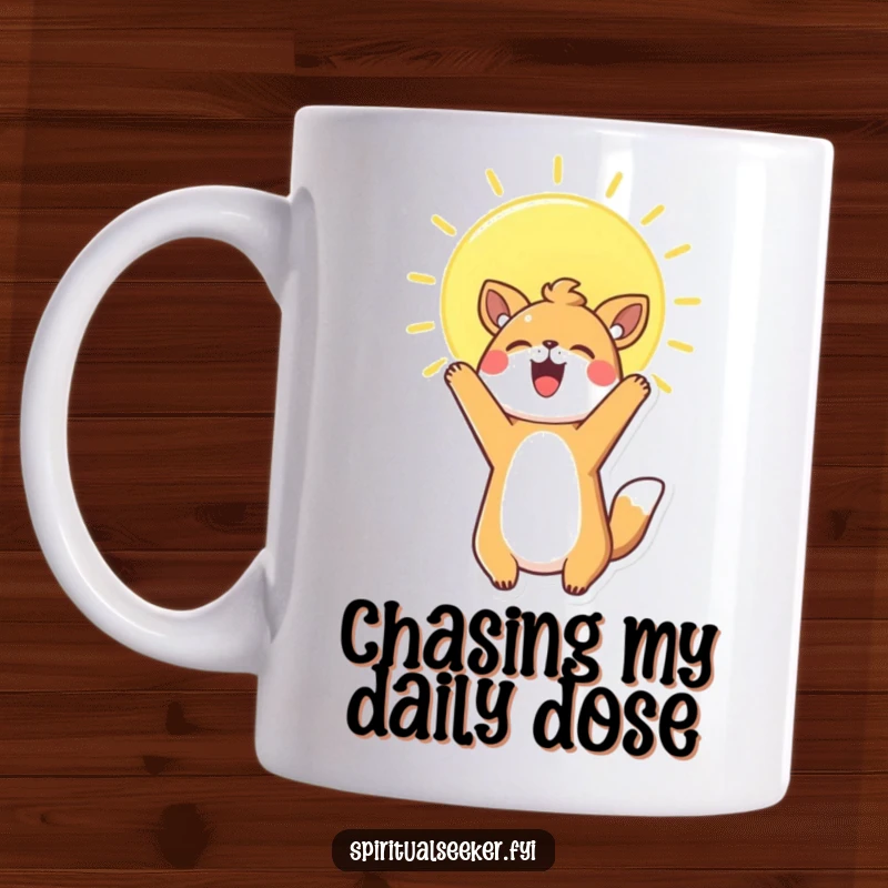 Funny Mug featuring a joyful Kawaii animal stretching happily towards a radiant, glowing sun, embodying pure optimism and delight.