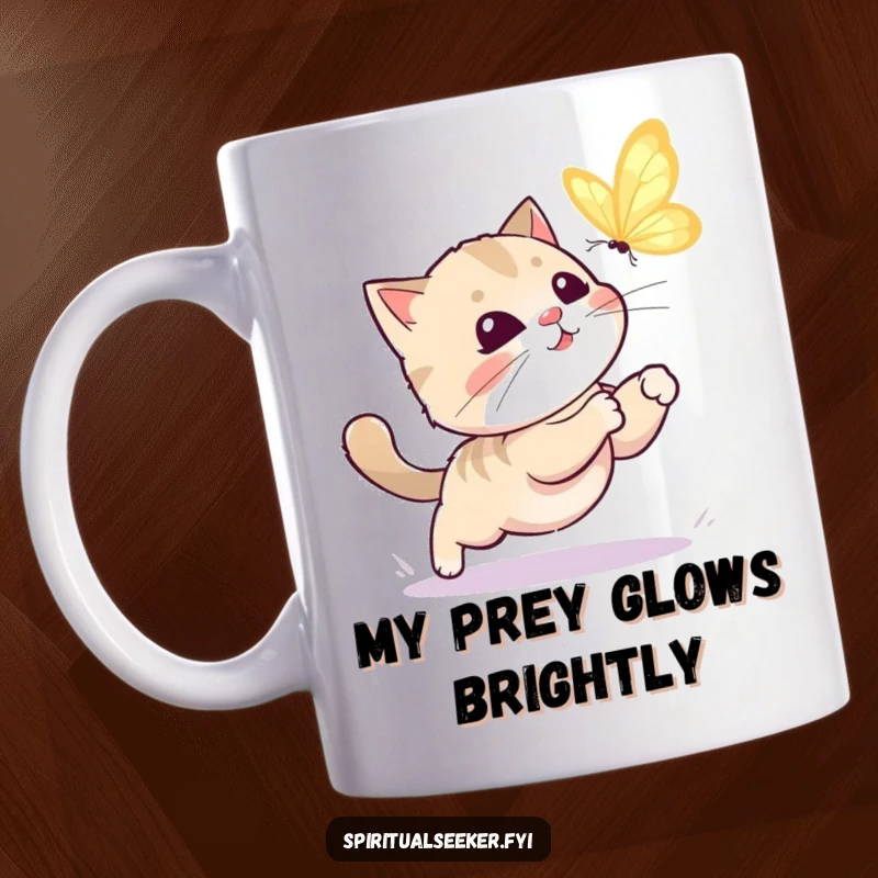 Funny kawaii cat mug with a playful expression, joyfully chasing a glowing butterfly with whimsical intent.