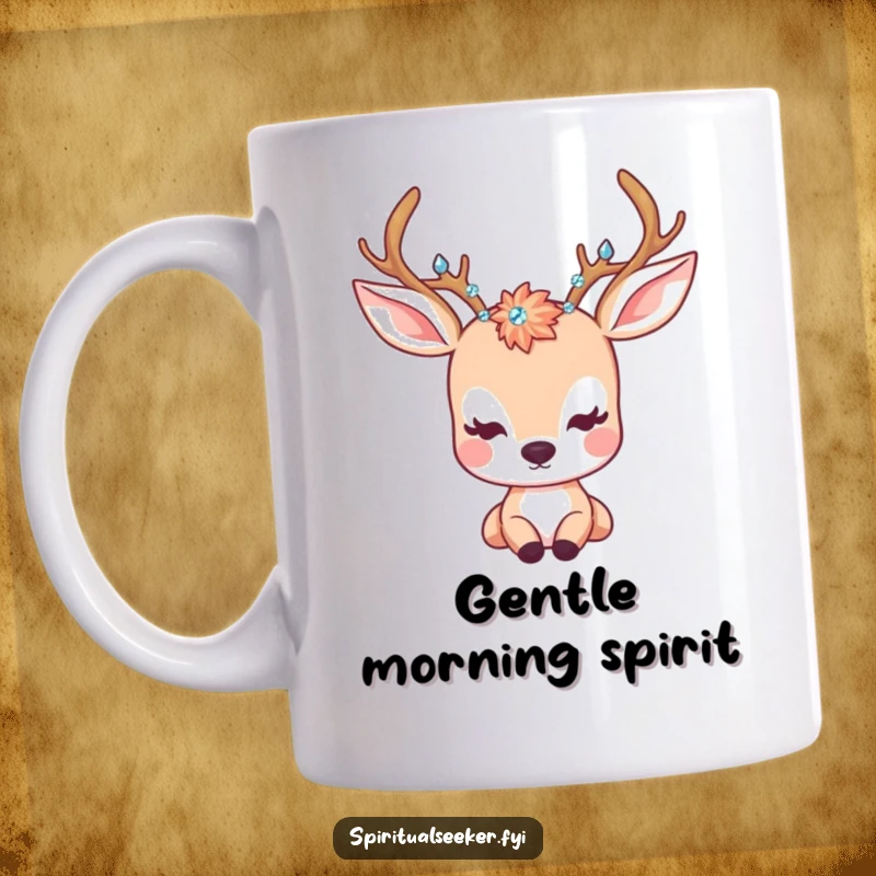 Funny Mug: A kawaii deer with crystal-adorned antlers gazing peacefully, radiating gentle serenity.