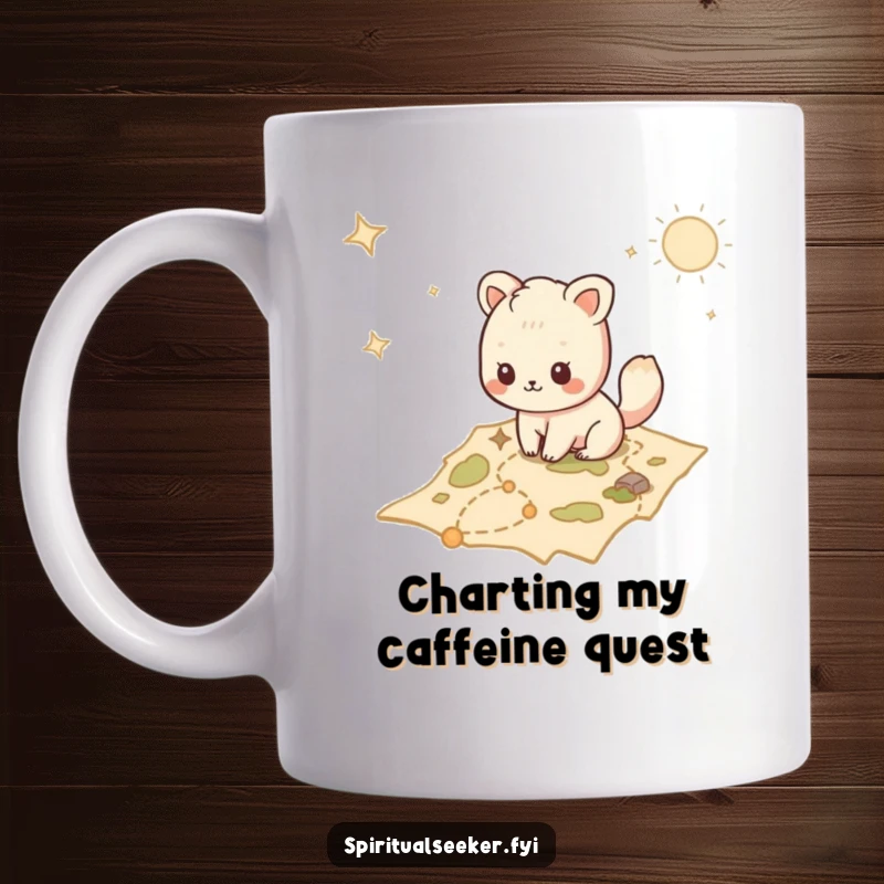 Funny Kawaii animal mug character tracing a path on a mystical map, depicting curiosity and the excitement of discovery.