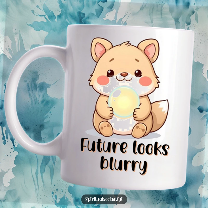 Funny Kawaii Animal Mug peering into a glowing crystal ball, predicting a hilarious future, perfect for gift giving.