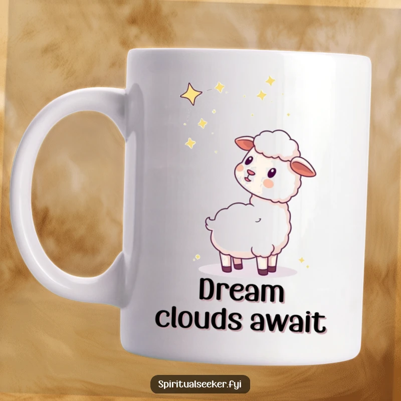 Funny kawaii sheep mug, peacefully gazing upwards at a beautiful, glowing celestial constellation with a serene expression.