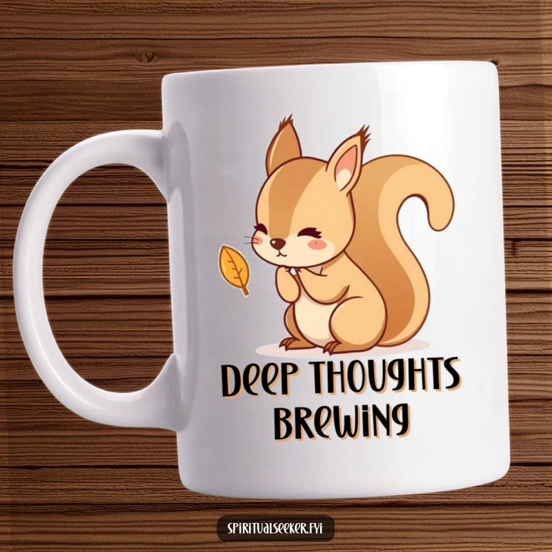 Funny mug with a kawaii squirrel in deep thought, contemplating a falling leaf, embodying autumn's reflective mood.