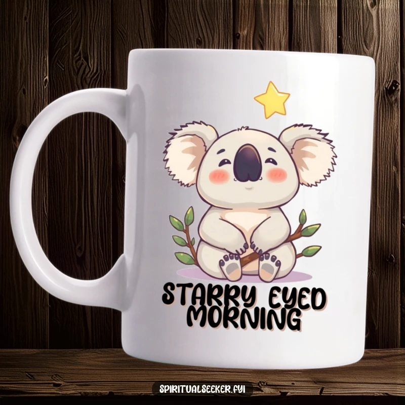 Funny koala mug featuring a contented koala gazing upwards at a gentle, shining star, a humorous and peaceful scene.