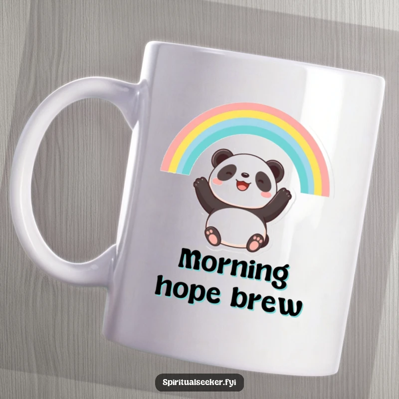 Funny mug with a smiling panda gazing upwards at a colorful rainbow, symbolizing hope and positivity.