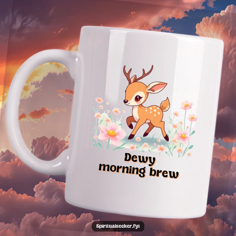 Funny deer mug showing a playful character prancing gracefully through a field of magical, glowing flowers.
