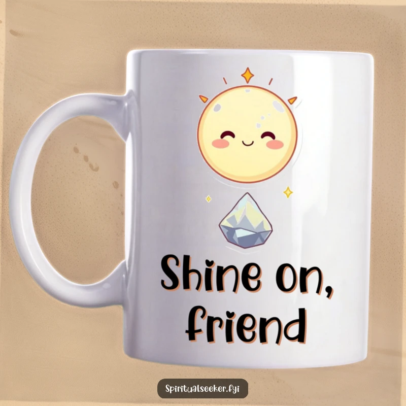Funny mug showcasing a round, smiling celestial body floating cheerfully above a tiny, sparkling crystal, exuding celestial happiness.