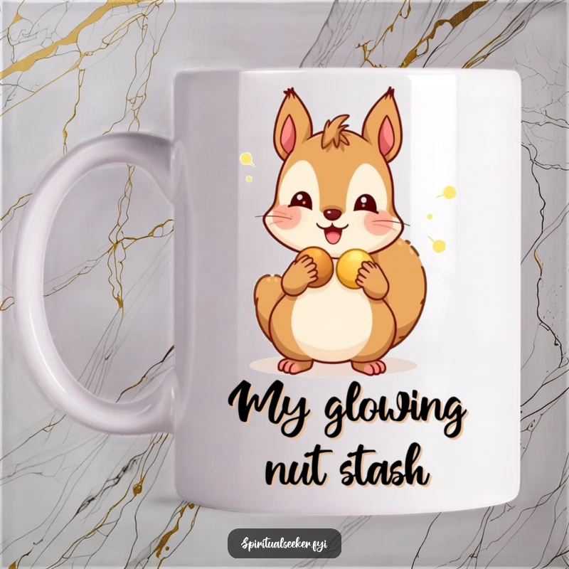Funny mug with a cheerful squirrel sharing glowing nuts with happy friends, symbolizing generosity and camaraderie.