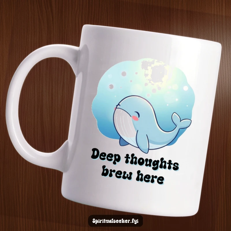Funny whale mug showing a thoughtful whale gazing at a mesmerizing, magical underwater glow, perfect for ocean lovers.