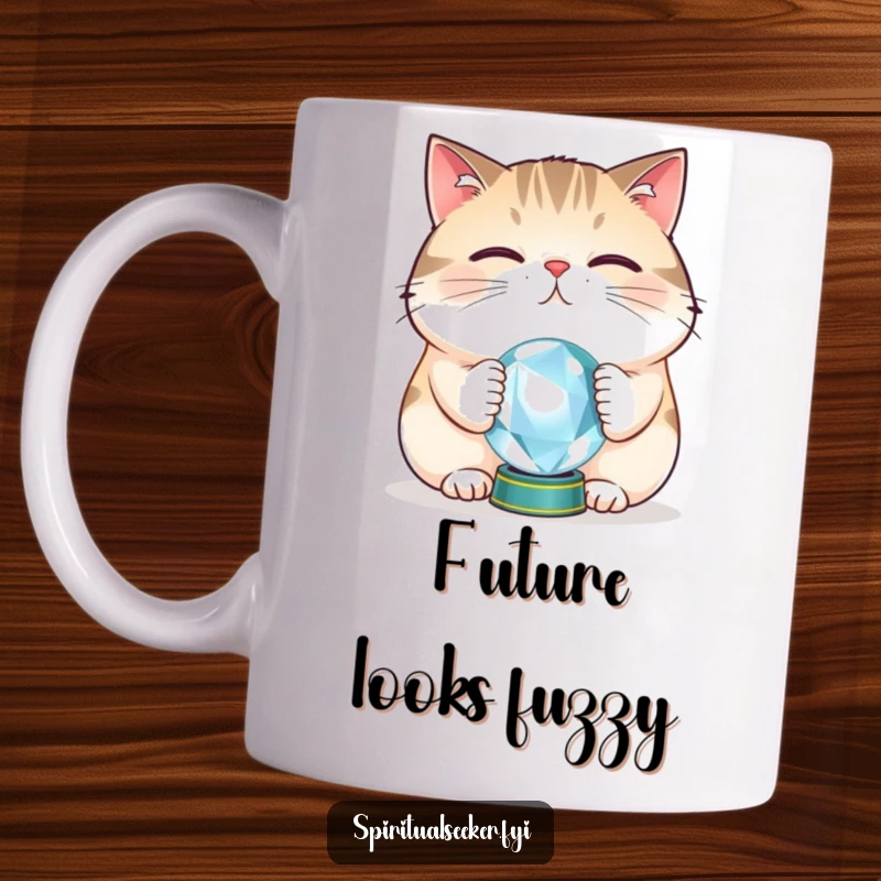 Funny cat mug with a plump feline precariously balancing a tiny crystal ball on its nose, embodying playful mysticism and feline antics.