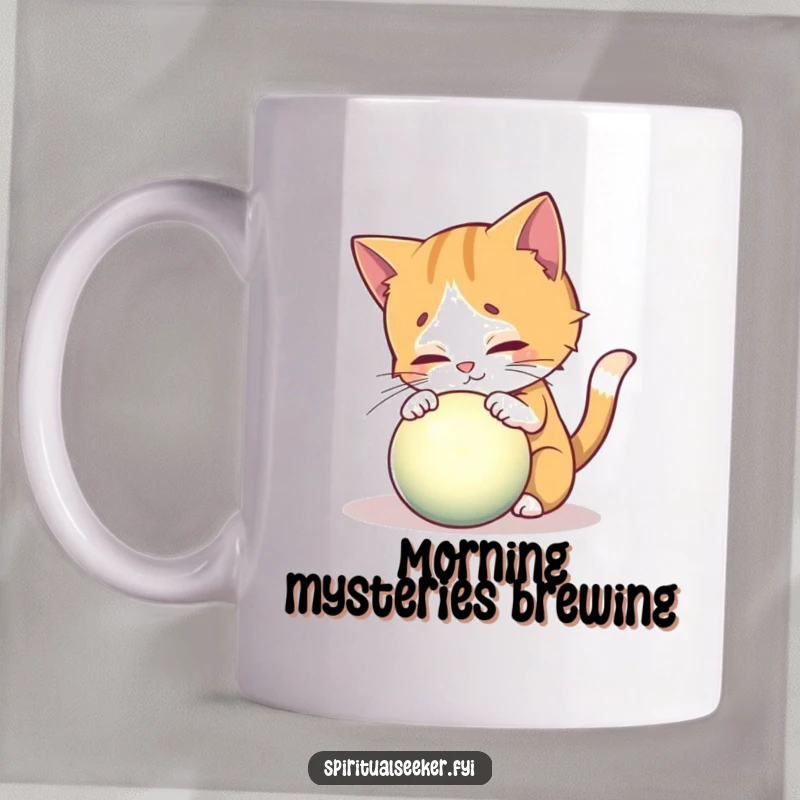 Funny cat mug showing a curious feline investigating a glowing, mystical orb with wonder and humor.
