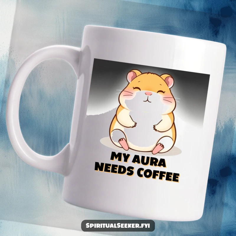 Funny meditating hamster mug with a soft, ethereal glow, radiating peace and humor. Perfect for animal lovers seeking a zen moment.