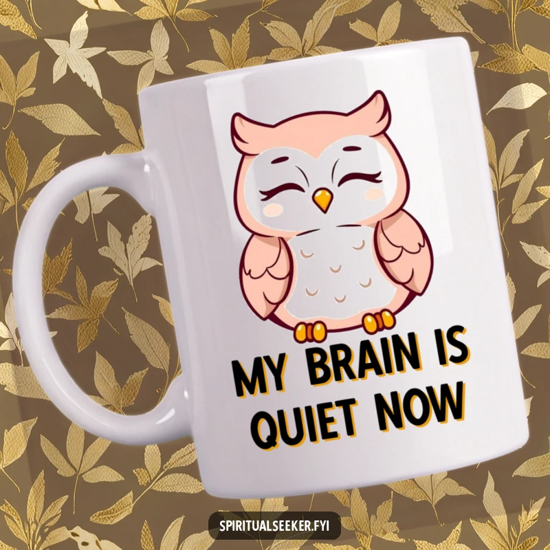 Funny meditating owl mug with eyes closed, peaceful smile, inspiring calm and serenity. Perfect for mindfulness enthusiasts.