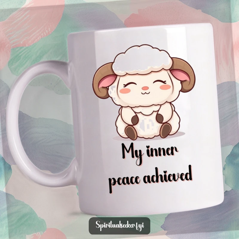 Funny sheep mug with a fluffy character meditating peacefully, eyes closed, and a serene smile, radiating calm vibes.
