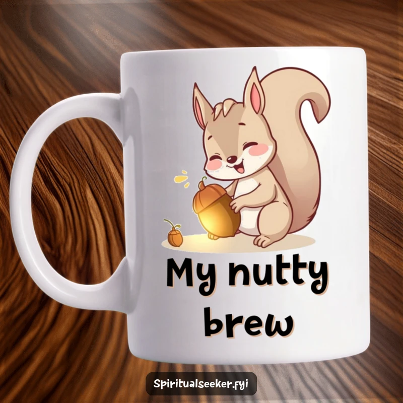 Funny mug with a giggling squirrel joyfully discovering a hidden, glowing acorn, expressing delight and surprise.