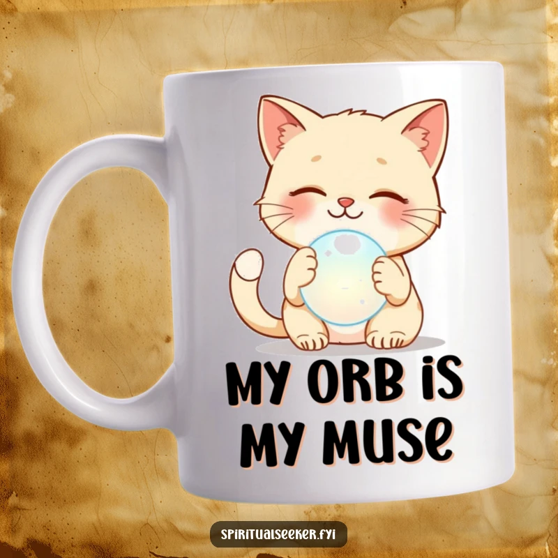 Funny cat mug featuring a smiling cat gently patting a floating, ethereal orb, a whimsical and humorous scene for cat enthusiasts.
