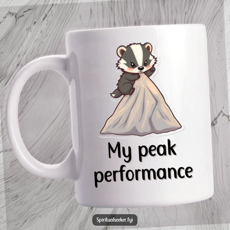 Funny determined badger mug with a character climbing a small, sparkling mountain peak, embodying perseverance and humorous achievement.
