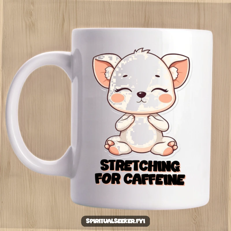 Funny Kawaii animal with eyes closed, performing a gentle yoga pose, exuding peace and subtle humor on this delightful mug.