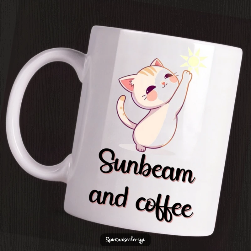 Funny cat mug showing a serene character stretching gracefully towards a gentle, warm beam of light.