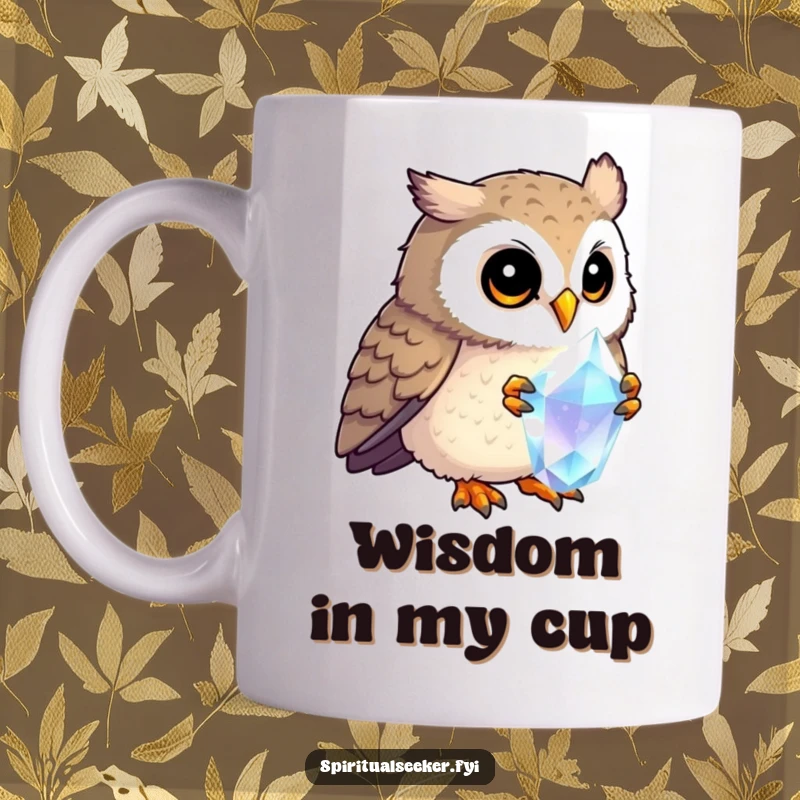 Funny curious owl mug, intently examining a shimmering crystal, conveying wisdom and playful intrigue. Excellent for coffee or tea lovers.