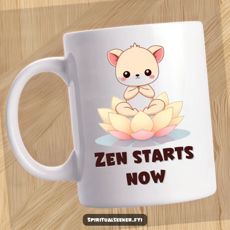 Funny Kawaii animal meditating peacefully on a floating lotus flower, radiating calm and gentle humor on this tranquil mug.