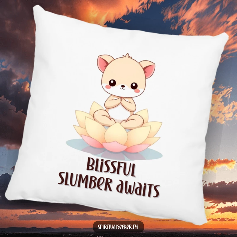 Funny Kawaii animal meditating serenely on a floating lotus flower, featured on a plush pillow for ultimate comfort and gentle humor.