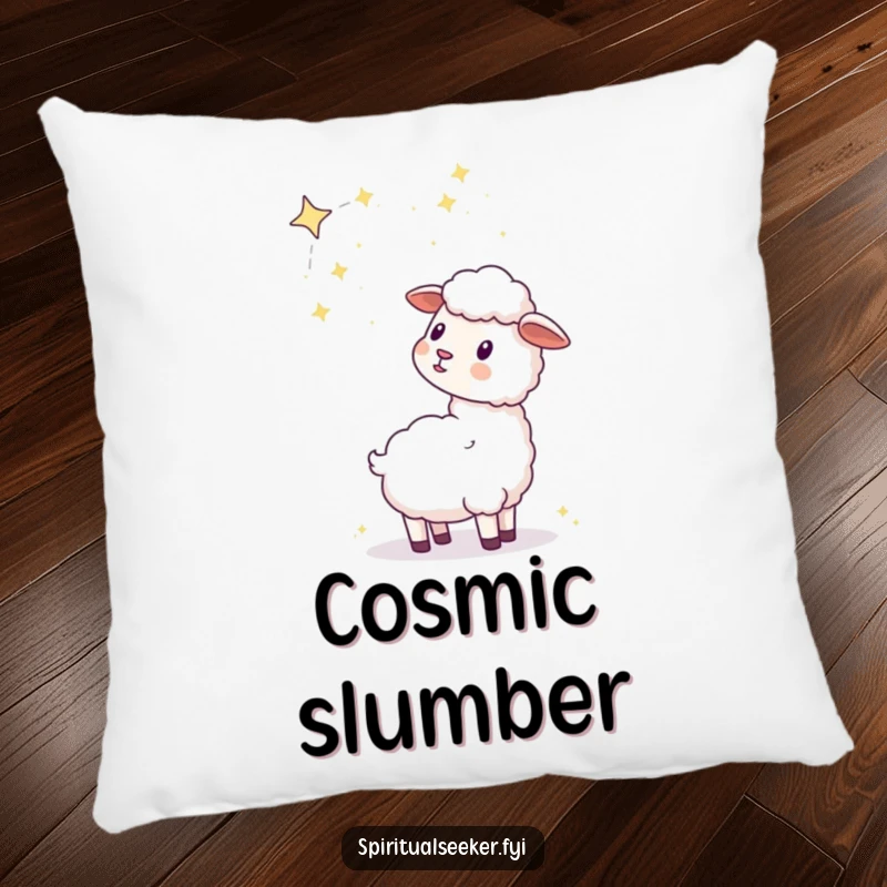 Funny kawaii sheep pillow adorned with a peaceful sheep gazing at a stunning celestial constellation, perfect for cozy nights.