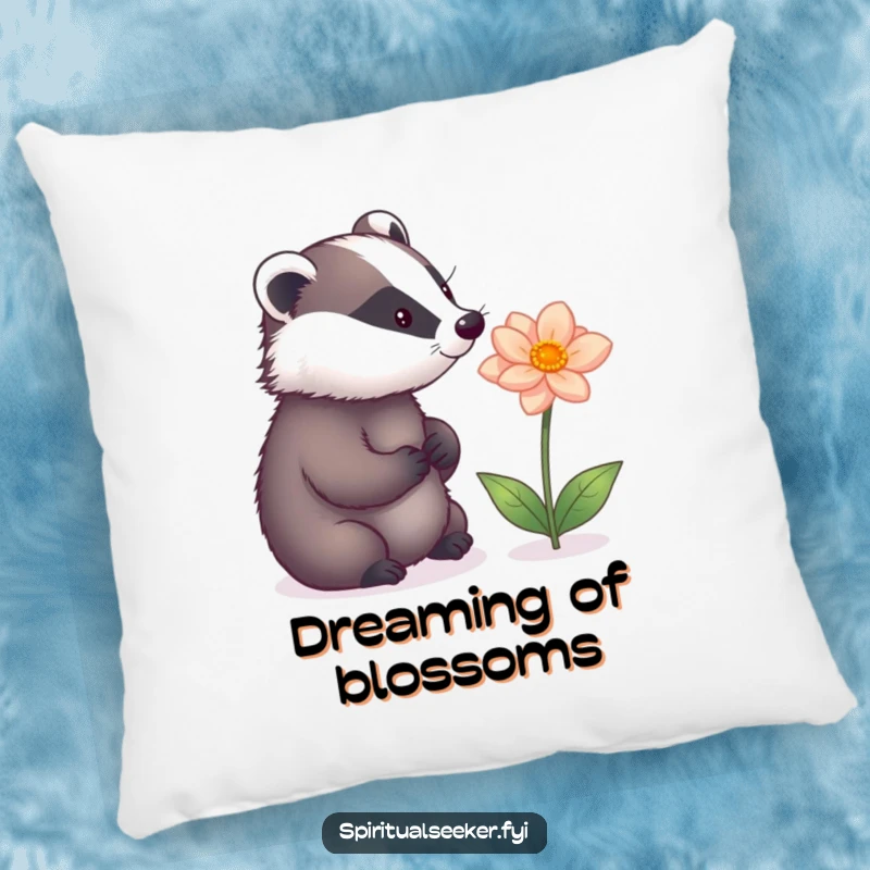 Funny pillow featuring a thoughtful badger contemplating a radiant magical flower, offering comfort and a touch of woodland fantasy.