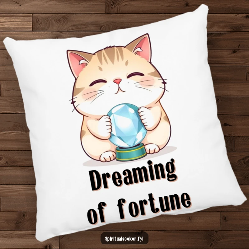 Funny cat crystal ball pillow with a plump cat balancing a tiny orb, offering cozy comfort and a dose of whimsical, mystic humor.