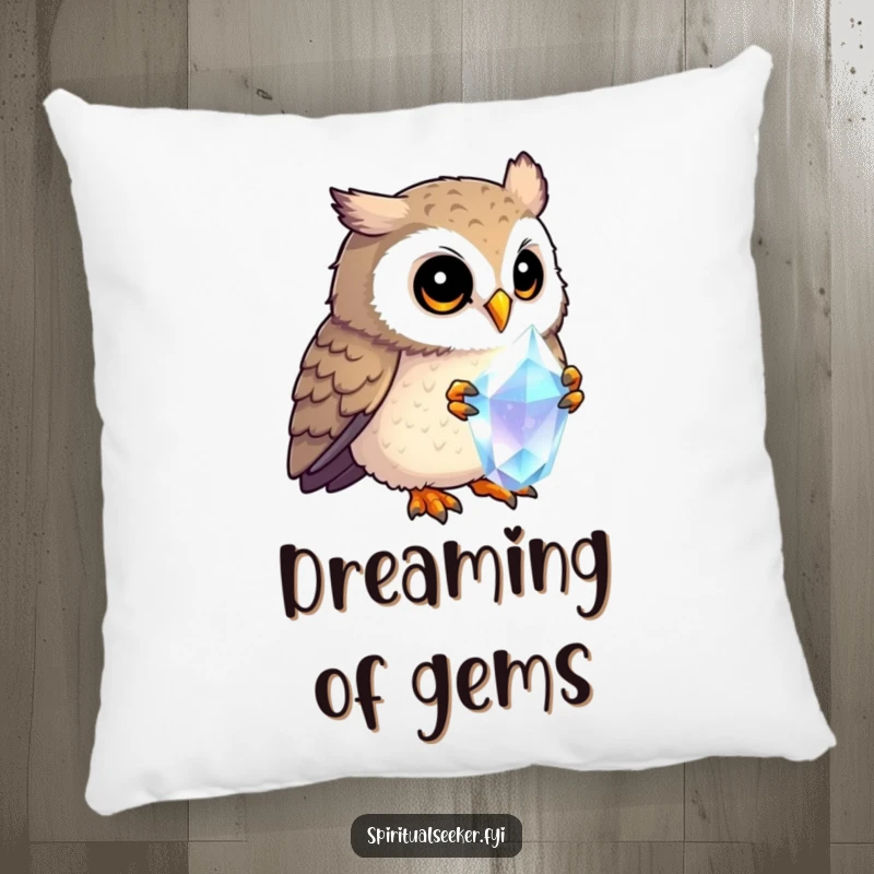 Funny curious owl pillow, featuring an owl examining a crystal, perfect for adding comfort and a touch of playful wisdom to any room.