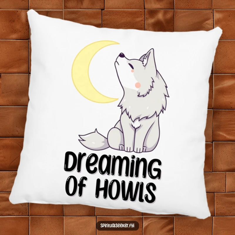 Funny pillow featuring a peaceful wolf howling at a crescent moon, offering comfort and a sense of calm.