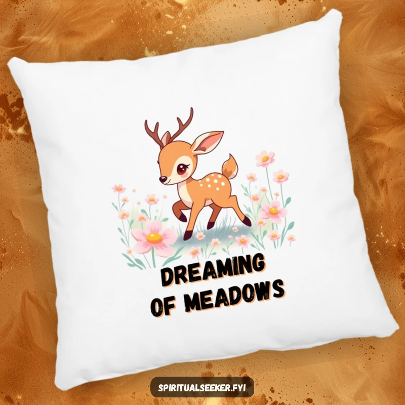 Funny deer pillow featuring a playful character prancing through a field of luminous, magical flowers.