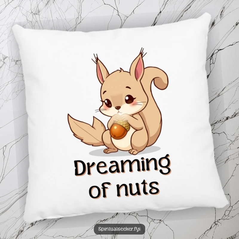 Funny squirrel pillow with a curious squirrel gazing at a magical, luminous acorn. Soft and decorative.