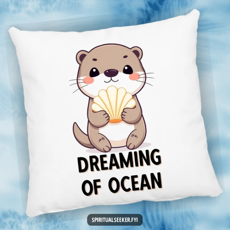 Funny playful otter pillow, featuring an otter holding a seashell, perfect for adding comfort and a touch of beachy humor to any room.