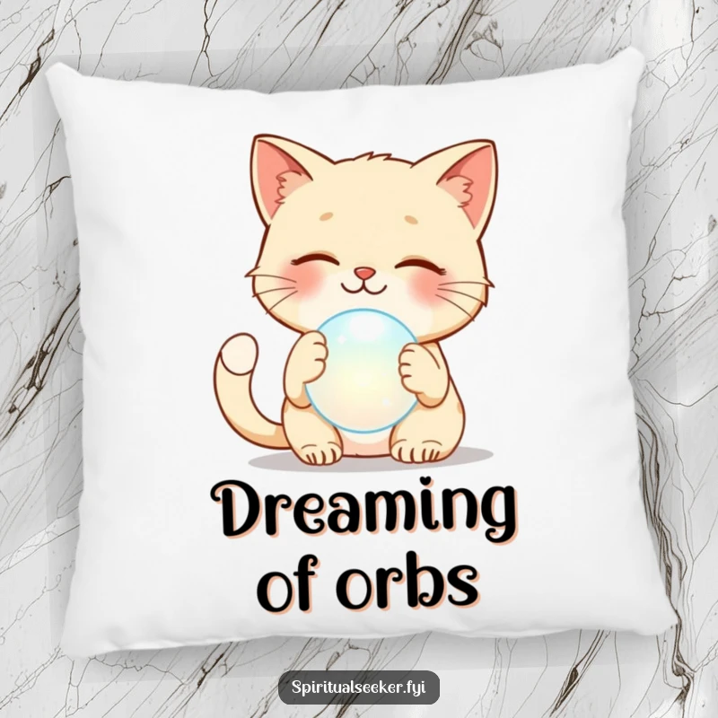 Funny cat pillow with a smiling cat gently patting a luminous ethereal orb, perfect for adding humorous decor.
