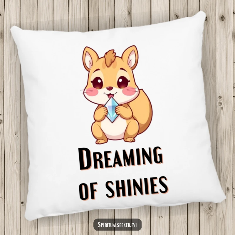 Funny decorative pillow featuring a delighted squirrel holding a crystal shard, offering comfort and a touch of happy whimsy, a perfect funny gift.