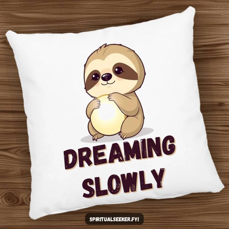 Funny pillow with a pensive sloth gazing at a glowing orb, offering comfort and a sense of gentle wonder.