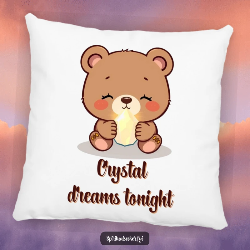 Funny bear cub pillow showing a peaceful cub holding a tiny, glowing crystal, ideal for humorous and comforting decor.