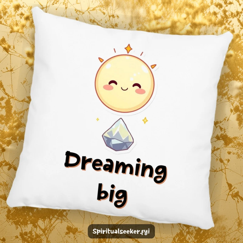 Funny pillow with a smiling celestial body happily floating above a tiny, sparkling crystal, adding cozy cosmic charm.