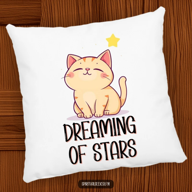 Funny contented cat pillow, featuring a cat gazing at a star, perfect for adding comfort and a touch of whimsical humor to any space.