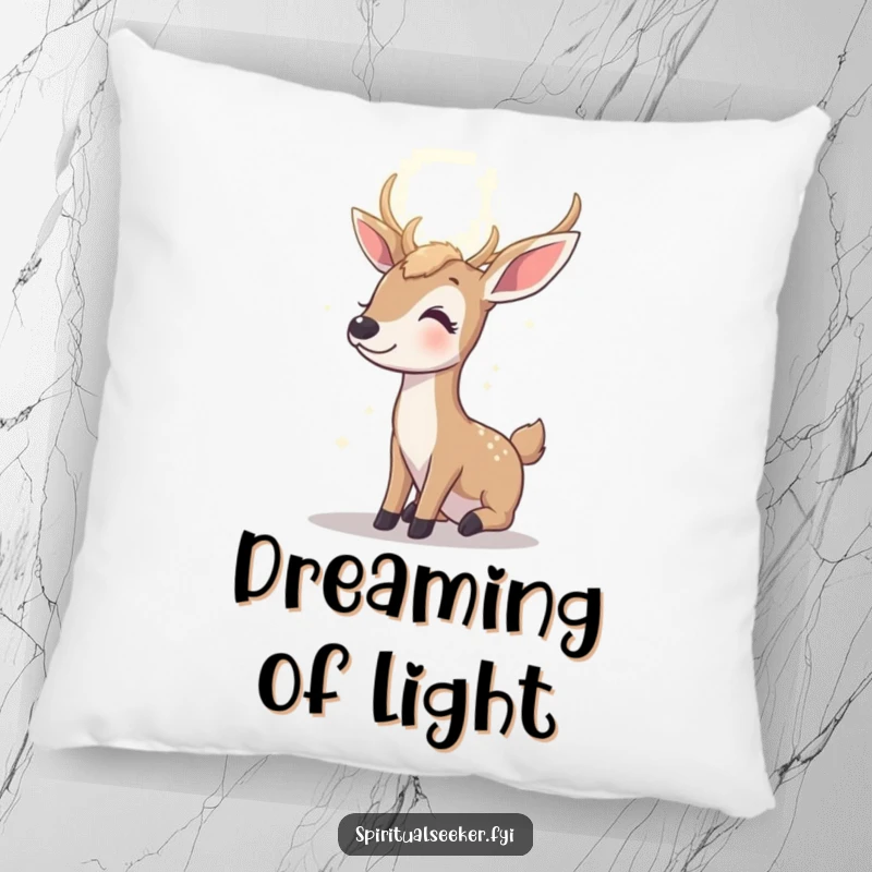 Funny contented deer pillow, a soft cushion featuring a peaceful deer gazing at a radiant light, offering comfort and hopeful humor.