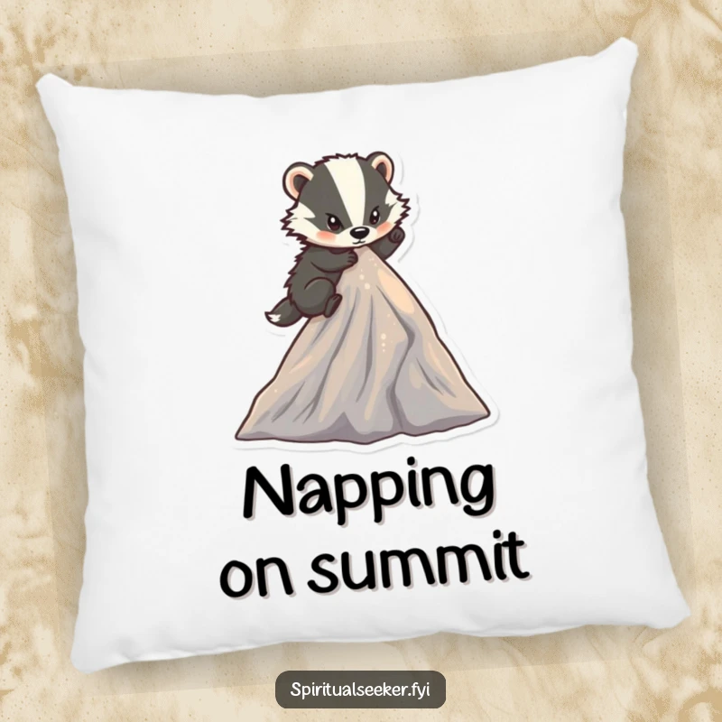Funny determined badger pillow with a character climbing a small, sparkling mountain peak, offering cozy comfort and humorous motivation.