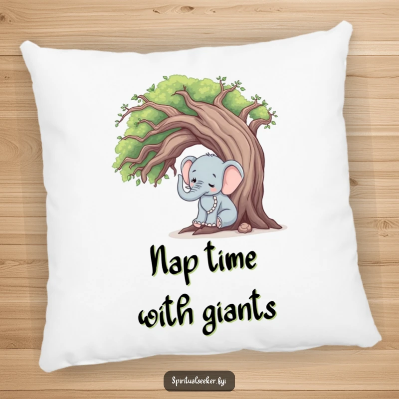 Funny elephant tree hugger pillow, a peaceful elephant touching an old tree, soft and calming home decor.
