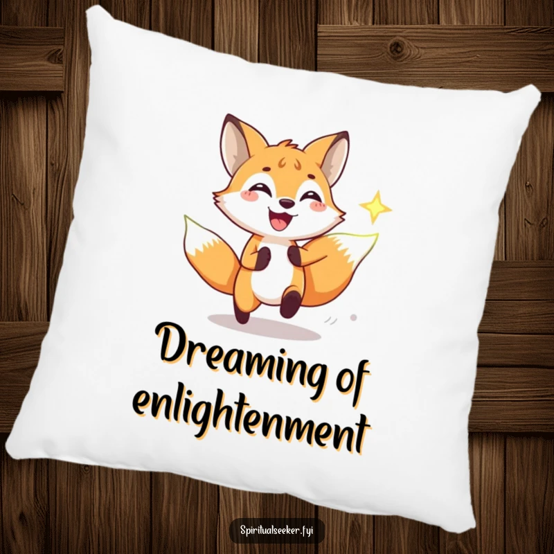 Funny pillow featuring a happy fox chasing a glowing spiritual symbol, bringing humorous energy and comfort to any room's decor.