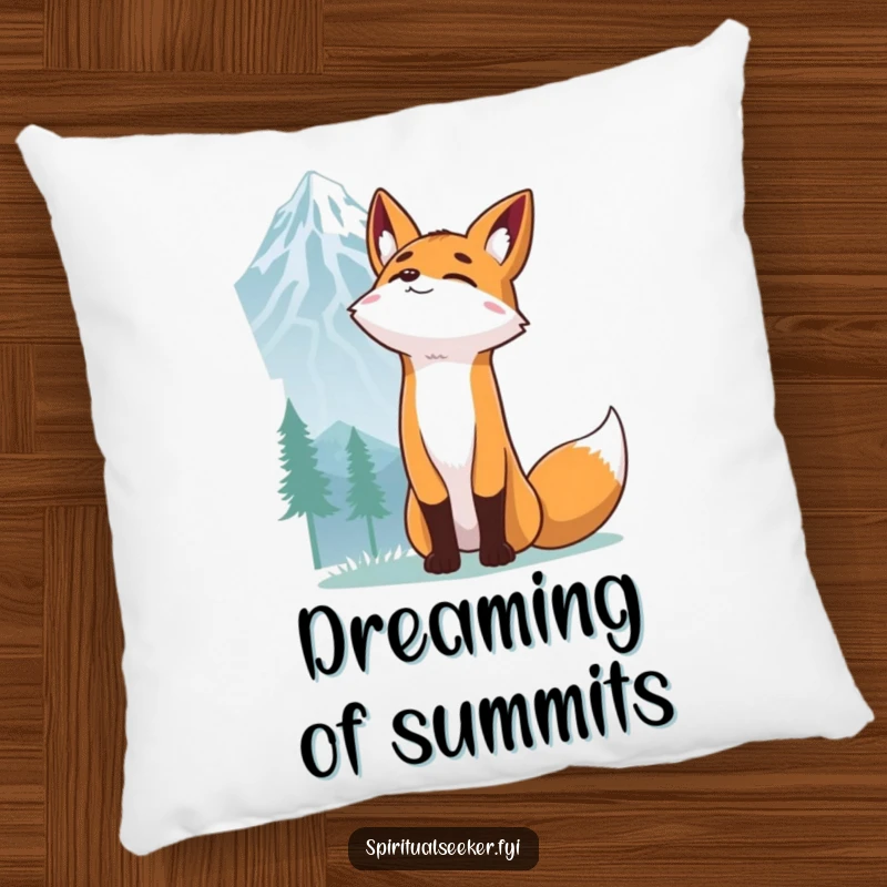 Funny Fox Pillow: A soft cushion featuring a determined fox reaching for a mountain peak, offering humorous comfort.
