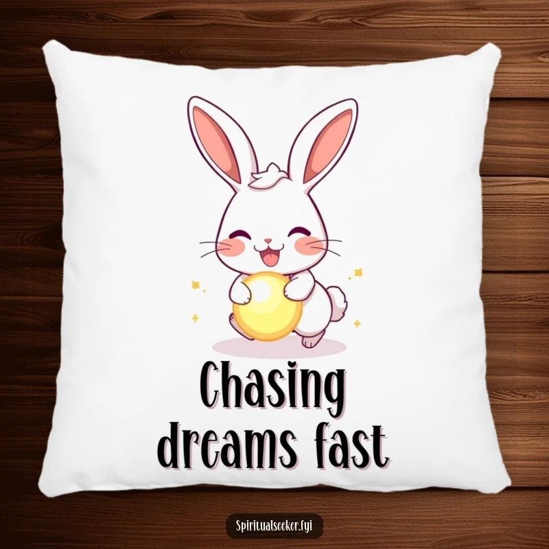 Funny joyful rabbit pillow, a soft cushion featuring a happy rabbit chasing a glowing orb, offering comfort and playful humor.