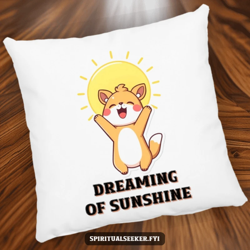 Funny Pillow featuring a soft Kawaii animal reaching for a sun, perfect for adding a touch of cheerful comfort to any room.